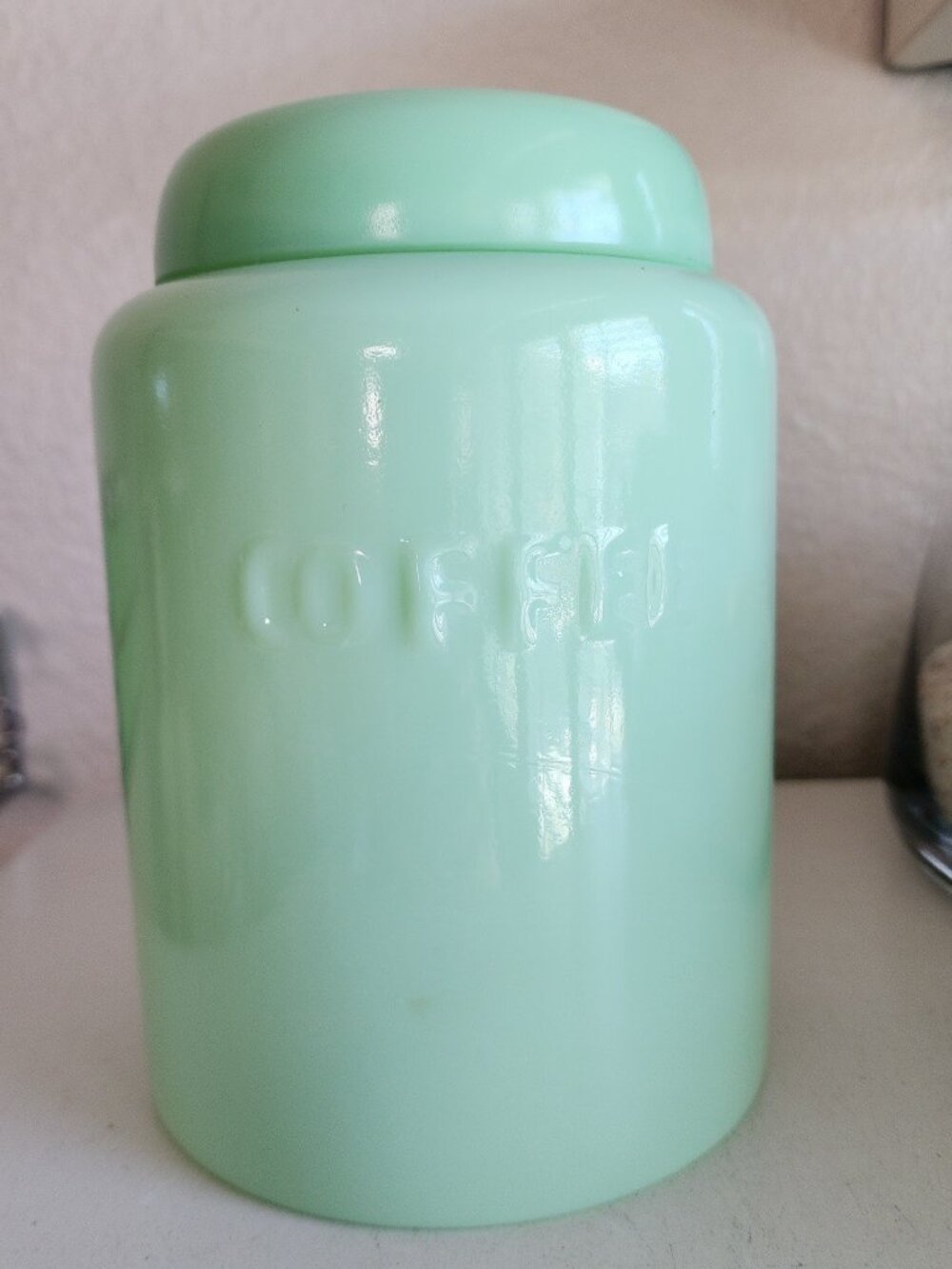 Vintage Fantasy Jadeite Jadite Green Glass COFFEE Canister With Lid Jade ite